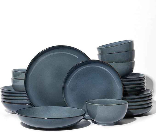 24 Piece Double Bowl Dinnerware Sets with Pasta Bowls, Highly Chip and Crack Resistant Plates and Bowls Sets, Natural Earthyware Ceramic Dishware Sets, Service for 6 Jeans Blue