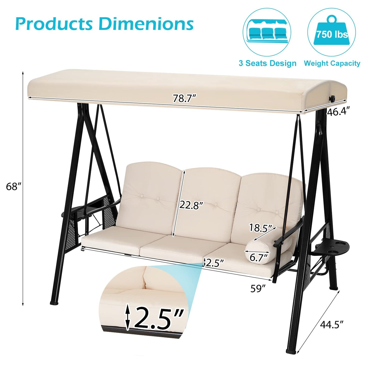 AECOJOY Outdoor Porch Swing, 3-Seat Porch Swing with Adjustable Canopy, Outdoor Swings for Adult with Beige Removable Cushions for Backyard, Garden, Yard, Poolside, Balcony