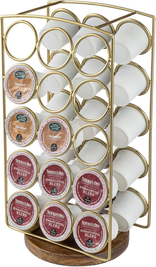 MyGift Modern Brass Tone Plated Metal and Brown Mango Wood Coffee Pod Holder Stand - Tabletop Café Bar Coffee Capsule Storage Rack - Handcrafted in India