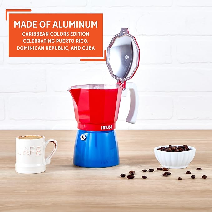 IMUSA Stovetop Espresso Maker 6 Cup – Cast Aluminum Moka Pot Caribbean Colors Edition Red Blue White – Cafetera Italiana Espresso Cuban Coffee Maker