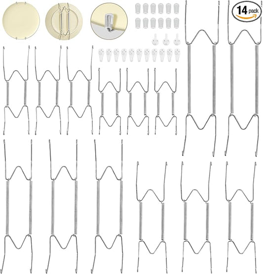 Bilillo 14 Pcs Plate Hangers for Wall - 6/8/10/12/14 Inch Invisible Plates Hanger, Stainless Steel Plate Holders with 14 Pieces Wall Hooks for 5.5 to 15.5 Inch Decorative Plates and Arts (Silver)