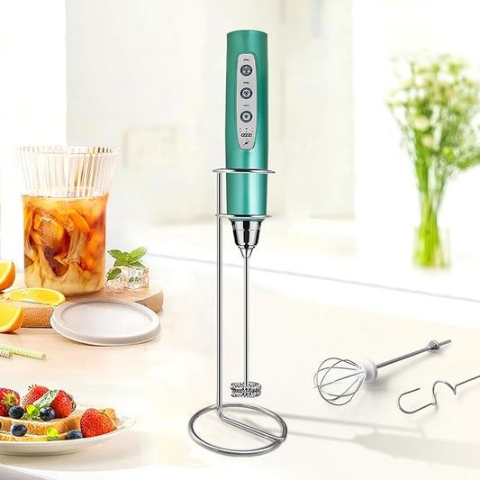 Sakgos Milk Frother with Stand-Rechargeable Handheld Coffee Frother with 3 Stainless Whisks 3 Speed Adjustable, Electric Whisk Drink Mixer, Foam Maker Blender for Matcha Latte Cappuccino Chocolate