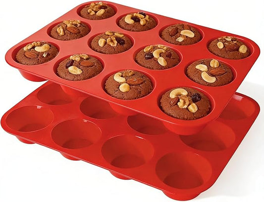 Silicone Muffin Pans for Baking Nonstick 2 Pcs, 12 Cup Regular Cupcake Pan, Food-Grade Silicone Baking Molds for Cupcakes, Egg Bites, Freezer, Red
