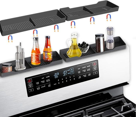 30 Inch Magnetic Silicone Stove Top Shelf, Heat Resistant Spice Rack for Kitchen, Space Saving Organizer with 6 Sticky Pads, Fits Back of Stove（Black 30''x3.8''）