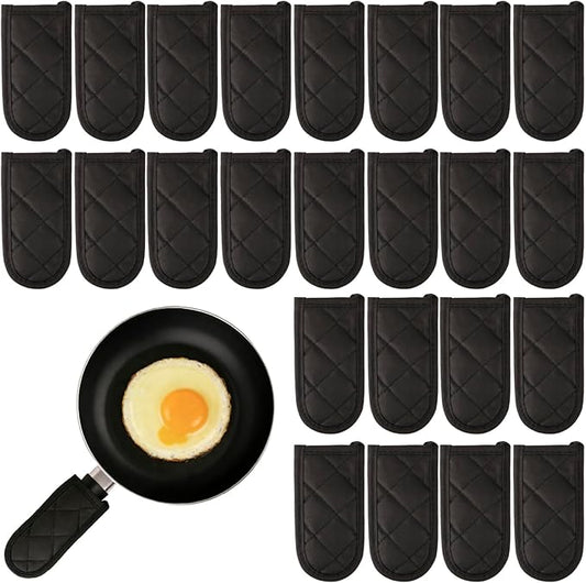 24 Pack Heat Resistant Cast Iron Handle Covers, Non-Slip Cotton Skillet Sleeves for Hot Pot & Pan, Washable Quilted Cookware Protectors for Baking & BBQ, Black (6.1 x 3.3 in)
