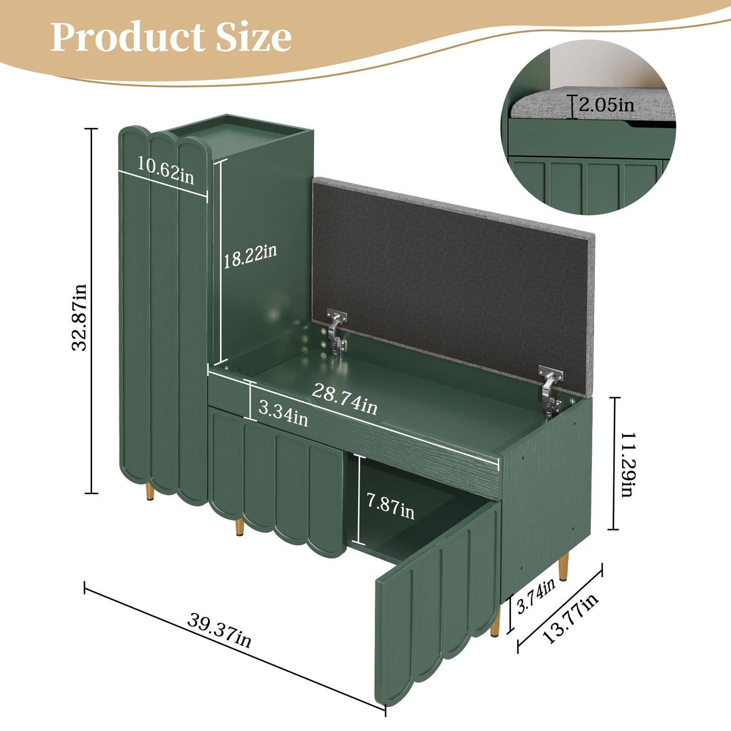 3More Shoe Organizer Cabinet，Entryway Bench with Adjustable Shelves and Cushioned Seat，Unique L-Shaped Bench Cabinet for Entryway, Hallway, Living Room