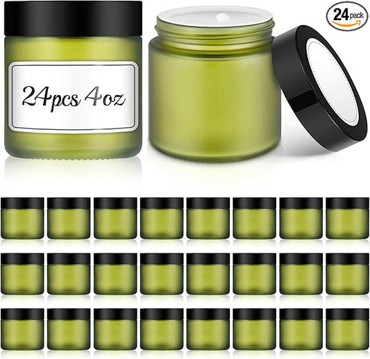 Bumobum 24 Pack 4 oz Small Glass Jars with Lids, Green Glass Cosmetic Jars with Inner Liners, 120ml Round Empty Sample Containers for Cream, Powders and Ointments Storage