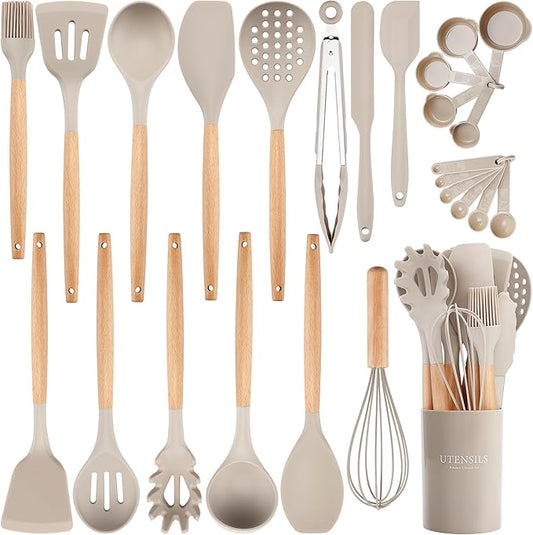 26 Pcs Silicone Cooking Utensils Set with Holder, NCUE BPA Free Kitchen Utensils Set for Cooking, 446°F Spatulas Silicone Heat Resistant Wooden Handle Spoon Tongs Non-stick Kitchen Gadgets (Khaki)