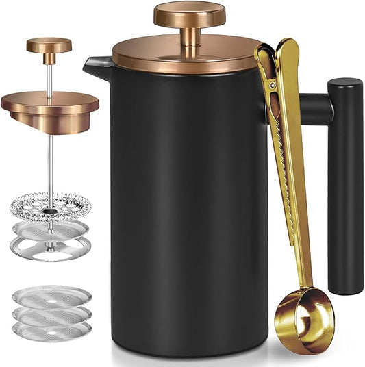 Black Large French Press Coffee Maker 50oz, Double Wall Insulated French Press Stainless Steel,for Coffee&Tea,with 3 Extra Screens and a Coffee Spoon, 50oz/1500ml, Gold