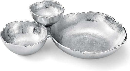3 Cluster Decorative Bowls Bright Silver Snack Tray Bowl Chip & Dip Serving Piece Strong Brass Centerpiece Beautiful Room Accent & Entertaining Parties Home Decor Wedding Gifts 14.6 Inch Decorative