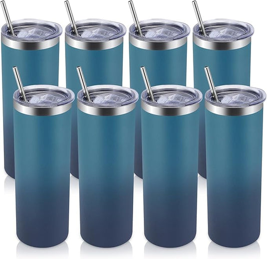 Volhoply 8 Pack Skinny Tumblers with Lid and Straw, 20oz Stainless Steel Straight Tumbler Bulk, Vacuum Insulated Coffee Mug for Home, Office, Travel, DIY (Dark Night,8 Pack)