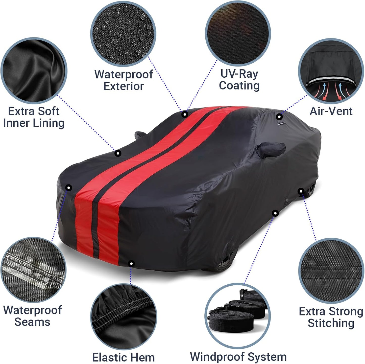 iCarCover Custom Car Cover for Buick Cascada (2016-2019) Waterproof All-Weather Rain Snow UV Sun Protector Full Exterior Indoor Outdoor Car Cover (Stripe - Black/Red)