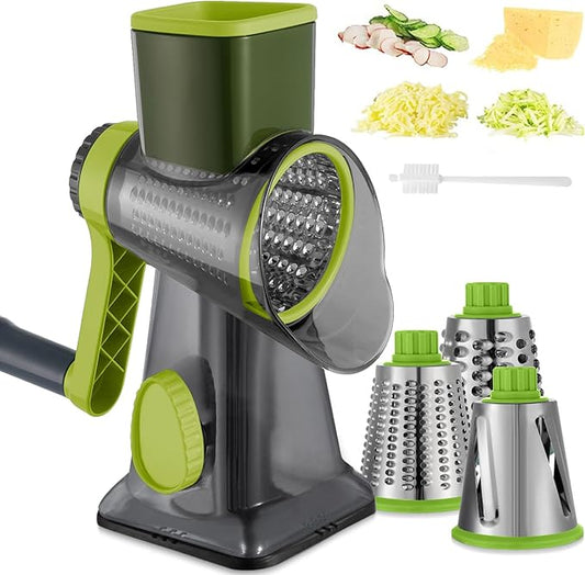 Cheese Grater Hand Crank Rotary Vegetables Shredder with Handle, 3-in-1 Graters with Interchangeable Blades and Strong Suction Base Multifunctional Slicer for Kitchen,green