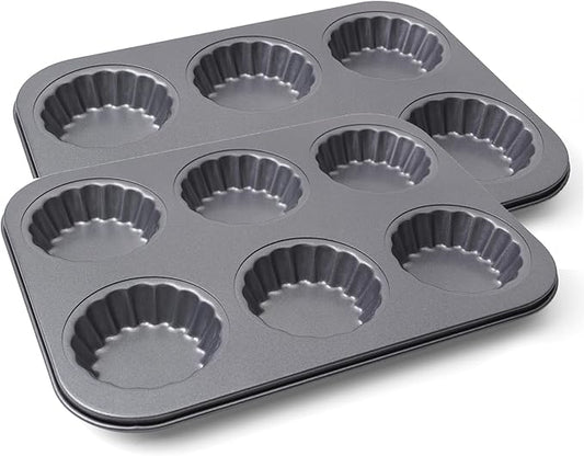2 Pack Mini Tart Pan, 2.75" Egg Tart Molds 6-Cavity Non Stick Fluted Mini Tart Mould, Reusable Quiche Bakeware Carbon Steel for Pies, Quiche, Cheese Cakes, Desserts(Not Included Cutting Mold)