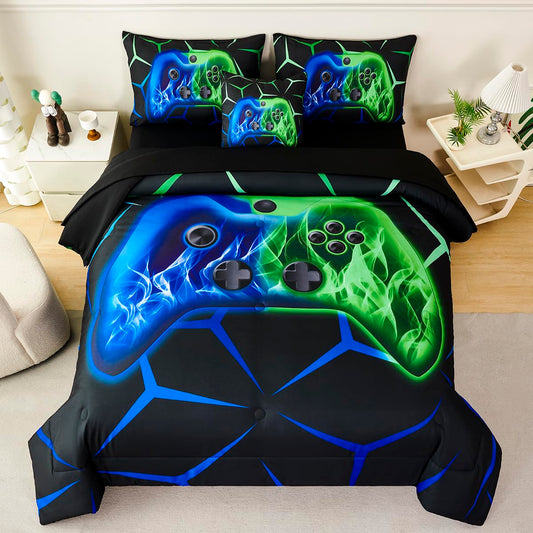 ZSYAYAHA Queen Gaming Bedding Set for Boys 6 Pieces Blue and Green Kids Bed in A Bag with Sheets Lightwight 3D Gamepad Bedding Comforter Set for All Seasons(Blue Green, Queen)