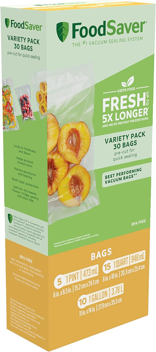 FoodSaver Premium Vacuum Sealer Bags Multisize Variety Pack 30-Count Perfect for Freezer & Pantry Storage Sous Vide Cooking BPA Free