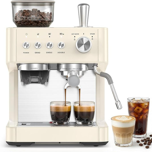 Kndko Espresso Machine with Grinder, 20 Bar Espresso Coffee Machines with Milk Frother Steam Wand, Espresso Maker for Latte, Cappuccino, Hot/Cold Brew, White