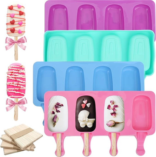 SAYAYA 4 Set Silicone Popsicle Molds with 200 Sticks, Reusable 4 Cavities Homemade Cake Pop & Cakesicle Mold for DIY Ice Cream, Ice Pop, Easy Release & Dishwasher Safe for Kids Family (Multicolor)