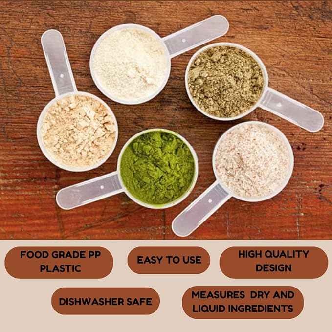 Plastic Measuring Scoop, (13 cc | 1 tablespoon | 1/2 fl oz. | 13mL) Long Handle Spoons for Powders, Granules, Coffee, Pet Food, Baking Supplies, Protein and Other Dry Goods, BPA Free (Set of 5)