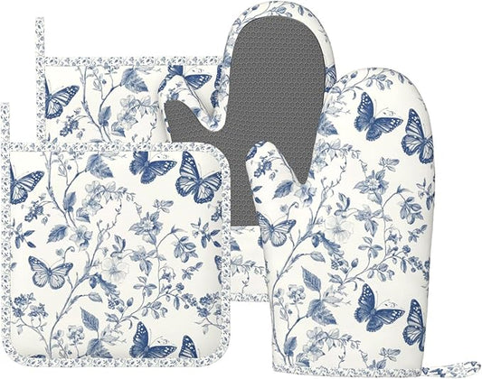 Oven Mitts and Pot Holders Butterfly Flower Vintage Blue Silicone Kitchen Accessories Set of 4 Heat Resistant Long Gloves Potholder Non-Slip Grip for Chef Cooking Baking Grilling BBQ