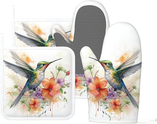 Oven Mitts and Pot Holders Watercolor Hummingbird Flower Silicone Kitchen Accessories Set of 4 Heat Resistant Long Gloves Potholder Non-Slip Grip for Chef Cooking Baking Grilling BBQ