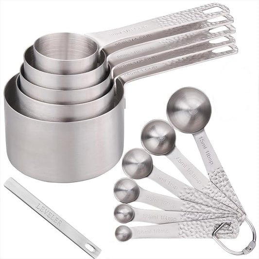 18/8 Stainless Steel Measuring Cups and Spoons set 14 for Baking & Kitchen, 5 Metric & US Measuring Cups and 6 Measuring Spoons,1 Leveler and 2 Rings for Dry & Liquid