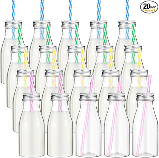 Yinkin 20 Sets Plastic Milk Bottles with Straws Lids Clear Plastic Containers for Dairy Milk Party Bottle for Juices Shakes Smoothies (8 oz,Pastel Color)