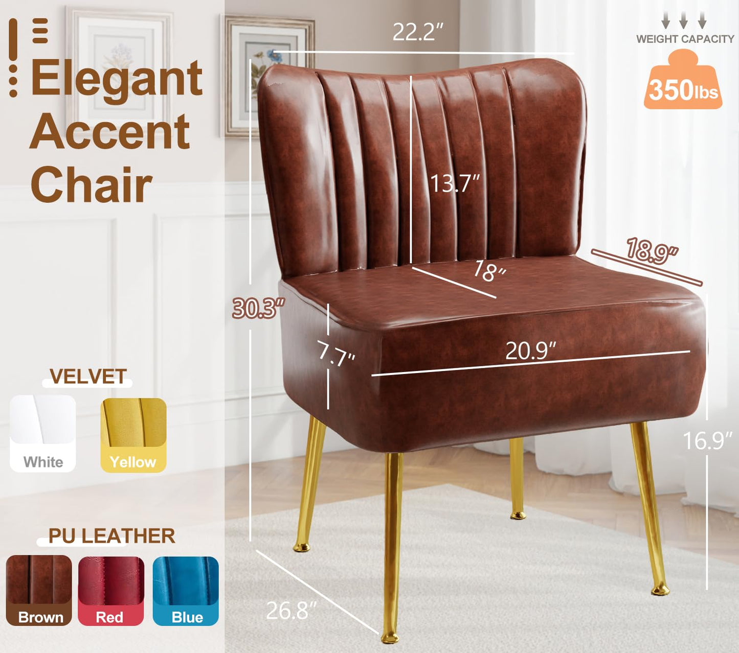 Accent Chair,Modern Armless Accent Chair for Living Room,Modern Comfy Accent Chairs,PU Leather Upholstered Chair with Soft Cushion for Bedroom, Balcony, Lounge, or Reading Living Room,Brown