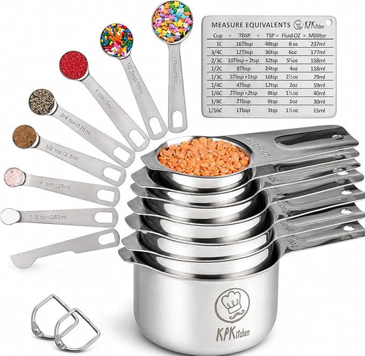 Stainless Steel Measuring Cups and Spoons Set of 16-7 Cup & 7 Spoon + Conversion Chart & Leveler - Kitchen Measuring Spoons and Cups - Dry Measure Cups Stainless Steel & Baking Metal Measuring Cups