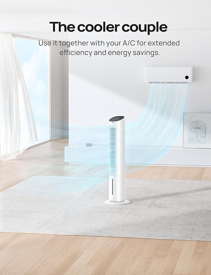 Dreo Tower Fan for Bedroom, 40" Evaporative Air Cooler, Cooling Fans That Blow Cold Air with 80° Oscillating, Removable Water Tank, 3 Modes 4-Speed, Remote Control, Quiet Floor Fan, 7H Timer，White