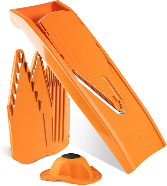 Mandoline Food Slicer Börner V1 (Starter Set) by Reston Lloyd • V-Slicer with 3 Blade Inserts & Food Holder • Made in Germany • Fruit & Vegetable Chopper • Multiple Settings • Color: Orange