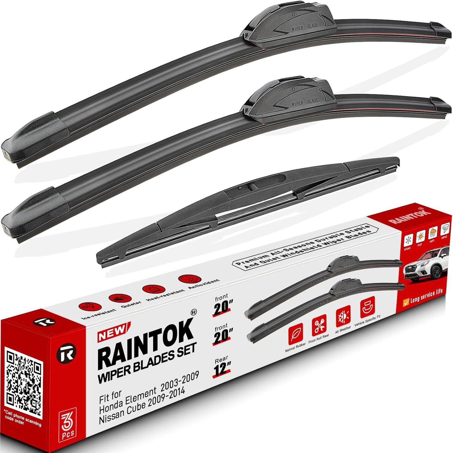 Windshield Wiper Blades Replacement for 2003-2009 Honda Element / 2009-2014 Nissan Cube Original Factory Quality Front Rear Wipers Blade Set for My Car - 20" 20" 12" (Pack of 3)