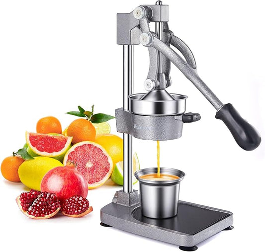 Cast Iron Juicer, 17"Tall & Sturdy Flat Base | Heavy-Duty Manual Hand Press Juicer For Orange Lemon Lime Pomegranate & Citrus, Orange Squeezer, Stainless Steel Cup, Easy to Clean, Silver Gray