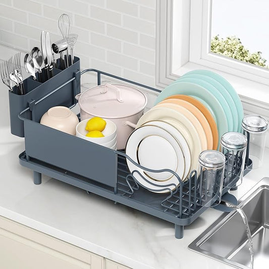 Dish Drying Rack Large Capacity - Stainless Steel Dish Rack for Kitchen Counter with Drain Board, Rustproof Dish Drainer with Auto Drain Spout, Utensil Holder & Glass Holder, Dinnerware Organizer