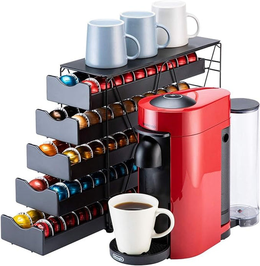 FlagShip for Nespresso Pod Holder Drawer Large Mullti Tier Coffee Pod Holder Vertuo (5 Tier (100Pods))