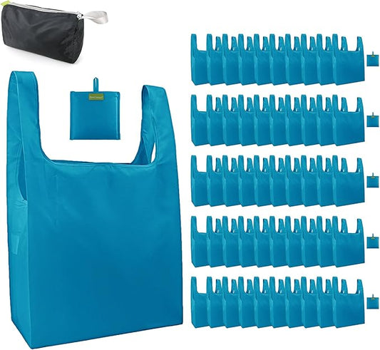 BeeGreen Light Blue Reusable Grocery Bags Wholesale Blue Reusable Kitchen Bags Bulk Foldable-Machine Washable with Zipper Storage Pouch 50 Packs