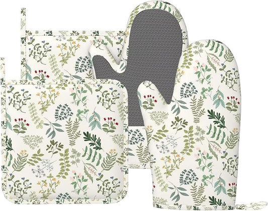 Wildflowers Herbs and Leaves Oven Mitts and Pot Holders Sets Silicone Beige Floral Kitchen Oven Mitts Hot Pads Heat Resistant Potholders Kitchen Mitts Set for Baking BBQ Cooking