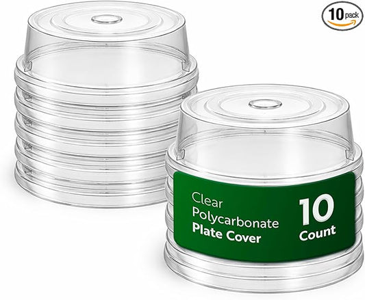 Restaurantware Cater Tek 8.5 Inch Polycarbonate Plate Covers 10 Shatterproof Dish Covers - Dishwashable For 8-Inch Plates Clear Plastic Splatter Covers Finger Hole Design Endures Up To 210F
