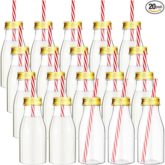 Yinkin 20 Sets Plastic Milk Bottles with Straws Lids Clear Plastic Containers for Dairy Milk Party Bottle for Juices Shakes Smoothies (8 oz,Gold Lid)