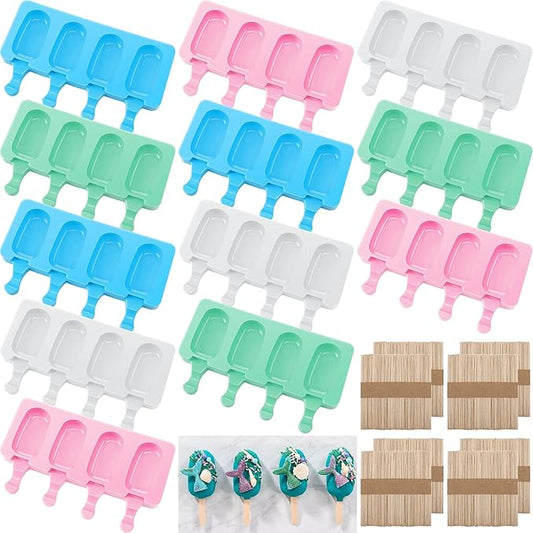 Irenare 12 Pcs Cakesicle Molds Silicone Small, 4 Cavities Cake Pop Mold Ice Pop Mold Ice Cream Molds Oval with 400 Wooden Sticks for DIY Cake