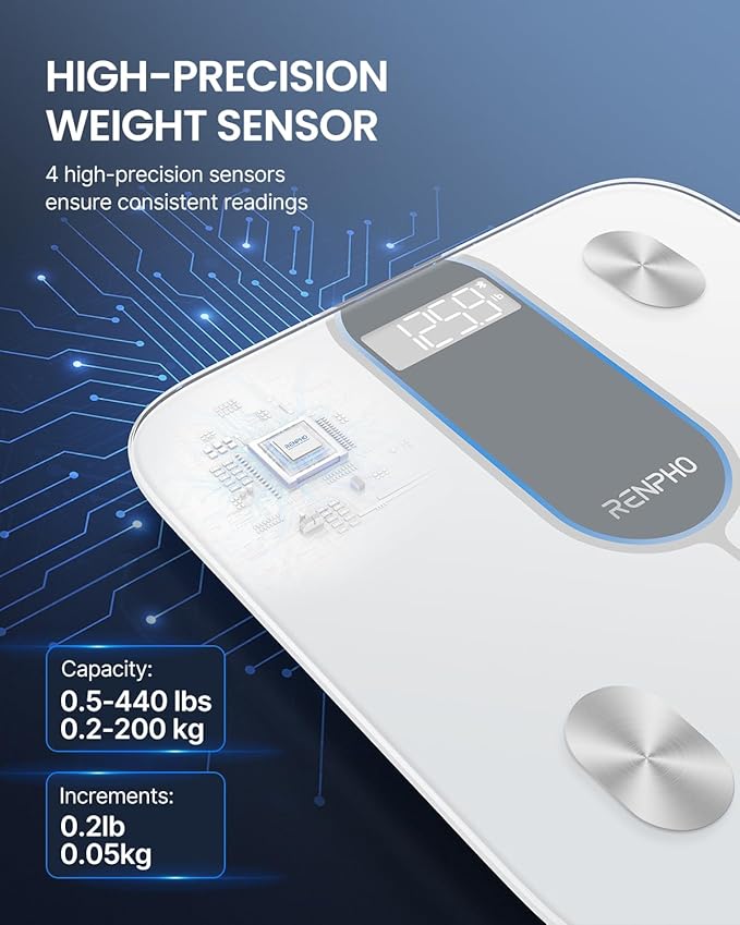 RENPHO Smart Scale for Body Weight 440lb, FSA HSA Eligible, Digital Bathroom Scale for Body Fat, Bluetooth Accurate Body Composition Weighing Machine with App, Elis 1C