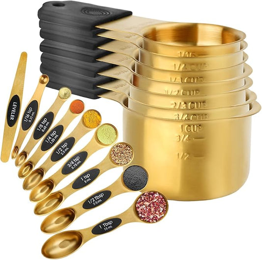 Gold Magnetic Measuring Cups & Spoons Set of 16, 7 Stainless Steel Measuring Cups, 8 Double-Sided Measuring Spoons & 1 Leveler, Premium Finish Baking Tools Kitchen Gadget for Dry & Liquid Ingredients
