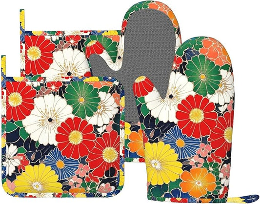 Oven Mitts and Pot Holders Flower Ethnic Art Pattern Silicone Kitchen Accessories Set of 4 Heat Resistant Long Gloves Potholder Non-Slip Grip for Chef Cooking Baking Grilling BBQ