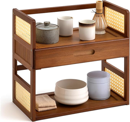 Yalikop Matcha Station Organizer 2 Tier Bamboo Mug Stand Shelf with Hidden Drawer Home Coffee Station Organizer for Whisk Set Bowl Cup Kitchen Countertops Bars 15.75" x 7.87" x 15.35"(Brown)
