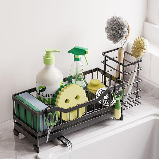 Sponge Holder for Kitchen Sink, Kitchen Sink Caddy with Long-Handled Dish Brushes Holder, 304 Rustproof Stainless Steel Countertop Organizers and Storage, Home Kitchen Sink Accessories (Black)