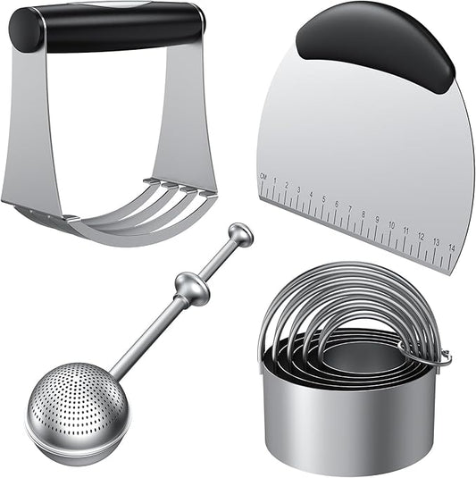 Biscuit Cutter Set, Stainless Steel Flour Sifter, Pastry Cutter, Pastry Scraper and Dough Blender, Flour Sieve for Quick Sifting Cakes and Spices, Professional Baking Dough Tools (4 Set)