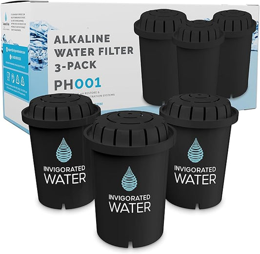 Invigorated Water PH001 - Black Alkaline Water Filter – Replacement Filters for All Pitcher & Dispenser Filtration Systems – BPA-Free, Removes Chlorine, Heavy Metals – 95 Gallons per Filter (3-Pack)
