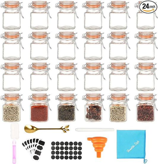 3.4 oz Small Glass Spice Jars with Lables, 24 Pack Empty Mini Square Spice Bottles with Airtight Flip Top Lids, Chalkboard Labels and Collapsible Funnel for Home and Kitchen