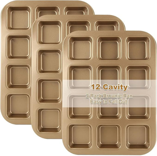 YAYODS 3 Pack Brownie Pan with Dividers 12 Cavity Square Muffin Pans Nonstick All Edges Brownie Pan, Baking Pan for Cornbread, Cupcakes, Tart, Muffin Cakes, Cookie, Bread (Gold)
