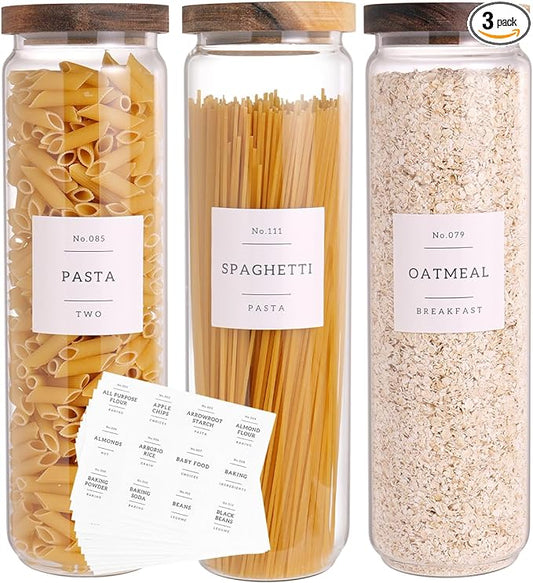 CZZGSM 3 Set Glass Pantry Storage Jars with Acacia Airtight Lid - 50oz Thicken Glass Kitchen Canisters with 132 Pantry Labels - Tall Food Storage Containers with Wood Lid for Pasta,Spaghetti,Cereal
